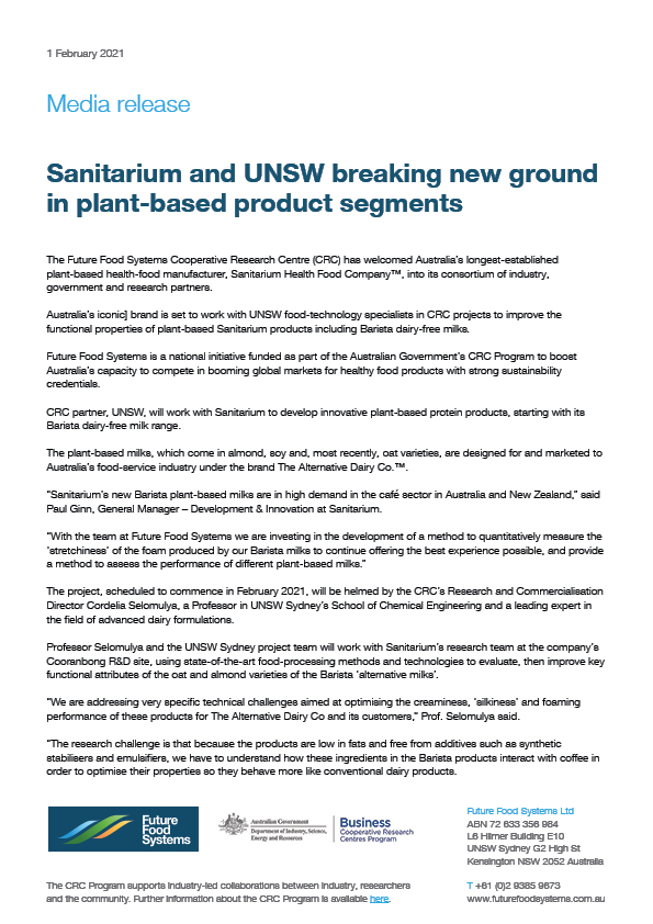 Sanitarium and UNSW breaking new ground in plant-based product segments