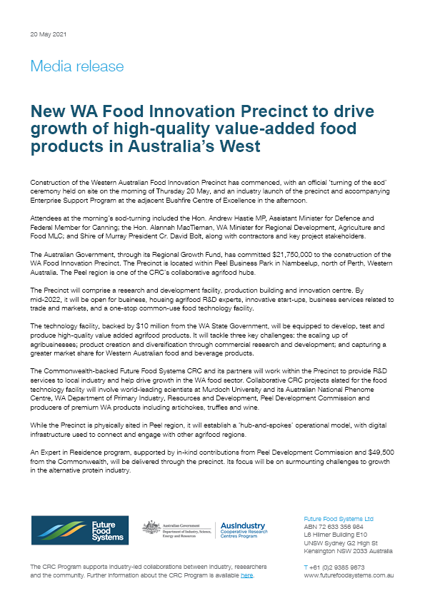 New WA Food Innovation Precinct to drive growth of high-quality value-added food products in Australia’s West