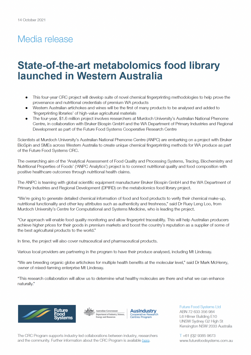 State-of-the-art metabolomics food library launched in Western Australia