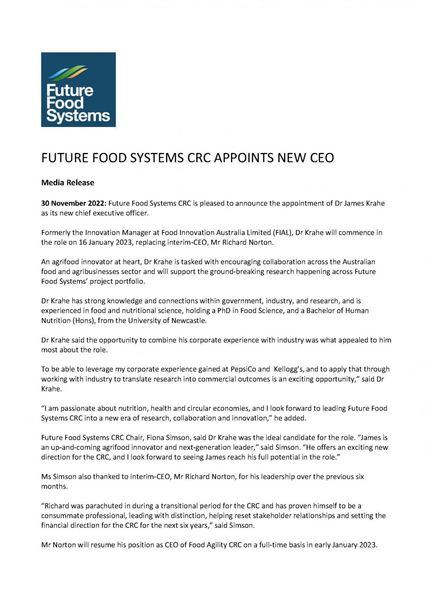 Media release – Future Food Systems CRC