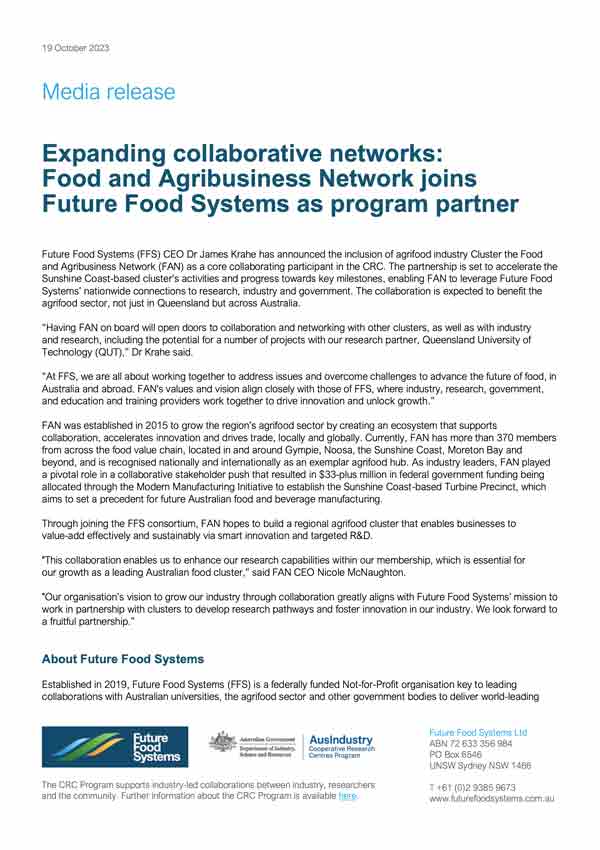 Expanding collaborative networks: Food and Agribusiness Network joins Future Food Systems as program partner