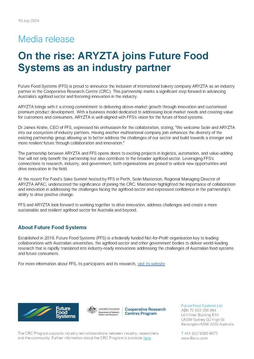 On the rise: ARYZTA joins Future Food Systems as an industry partner